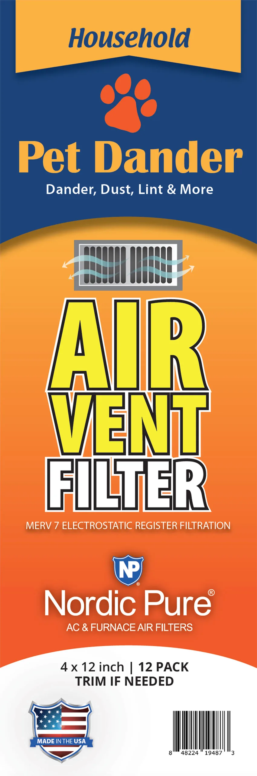 Pet Dander Reducing Air Vent Filters 4x12 (Register Vent Filters) 1 Pack of 12